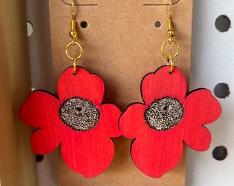 Poppy Flower Dangle Earrings – Hand-Painted and Handmade