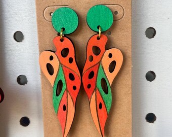 Begonia Leaf and Flower Earrings – Hand-Painted Wooden Dangles