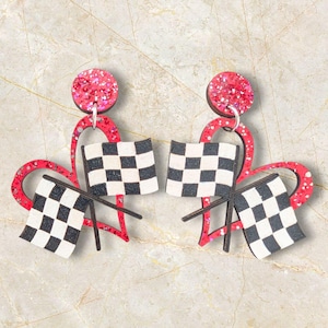 Racing Heart Checkered Flag Earrings – Hand-Painted & Glitter Sealed – Perfect for Race Fans (F1, IndyCar, NASCAR)
