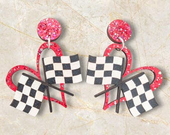 Racing Earrings Checkered Heart - Hand Painted Wood Glitter 2.25"