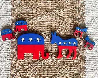 Election Day Earrings & Pin Set: Hand-Painted Republican Elephant Democrat Donkey