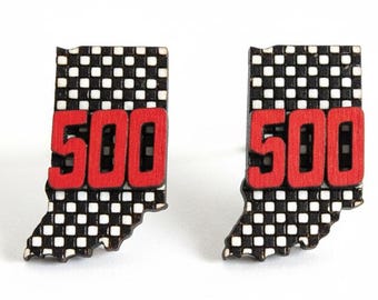 Indiana Racing Earrings State Shaped 500 Checkered Flag Laser Wood