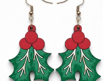 Mistletoe Dangle Earrings Hand-Painted Basswood 2.5 Inch Drop