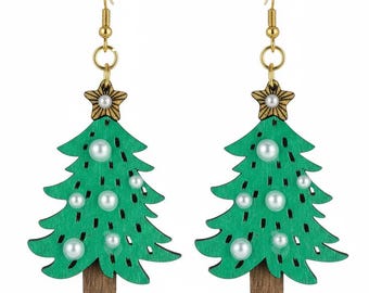Christmas Tree Pearl Star Earrings - Wood Hand Painted