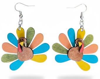 Turkey Earrings Thanksgiving Gift - 3D Layered Hand Painted Wood