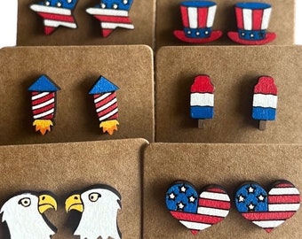 Hand-Painted USA Wooden Stud Earrings: Patriotic 4th of July