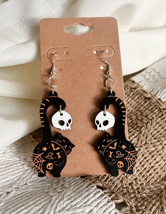 Halloween Wooden Dangle Earrings - Pumpkin, Cat & Spider Designs, Cute Costume Jewelry For Women