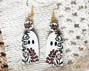 Hand-Painted Floral Ghost Earrings: Wooden Boho Halloween Dangles