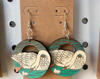Mother Swan and Baby Cygnet Dangle Earrings – Hand-Painted Circular Design - Lakeland, Florida