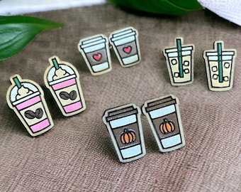 Hand-Painted Coffee Cup Wooden Stud Earrings: Barista Collection