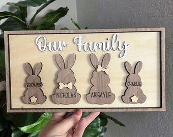 Custom Family Bunny Shelf Sitter – Personalized Easter Decor – Laser Engraved Wooden Sign