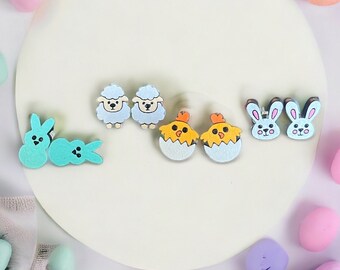 Easter Stud Earrings, Hand-Painted Wood, 0.5 Inch, Bunny Chick Sheep Peep
