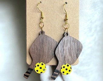 Pickleball Paddle Earrings with Custom Name, Engraved Wood, Hypoallergenic
