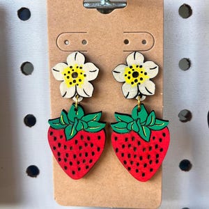Strawberry Dangle Earrings – Flower and Berry Design – Strawberry Festival Jewelry - Wooden, Lightweight, Hand-Painted and Assembled