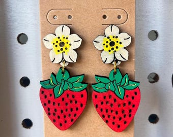 Strawberry Dangle Earrings: Hand-Painted Wooden Flower & Berry Design