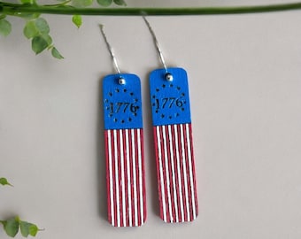 Hand-Painted Walnut Wood Patriotic Earrings: USA Flag Dangle