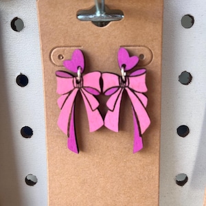 Heart and Bow Tie Dangle Wooden Earrings Hand-Painted and Handmade Lightweight Valentines or Cute Everyday Dangle Stud Jewelry