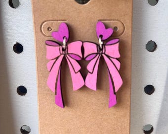Hand-Painted Bow Heart Dangle Earrings: Lightweight Basswood Jewelry