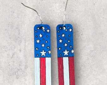 Hand-Painted Walnut Wood Patriotic Earrings: Stars & Stripes Dangle