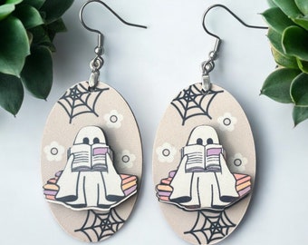 Bookish Ghost Earrings: Halloween Reader Jewelry, Eucalyptus Wood
