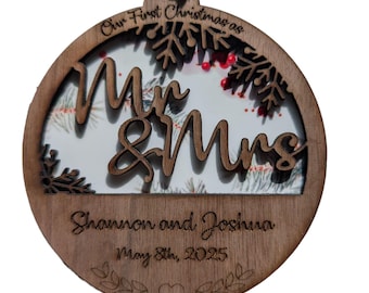 Personalized Our First Christmas Married Ornament – Wooden Mr & Mrs Newlywed Gift 2025 Keepsake