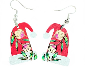 Santa Hat Earrings Boho Floral - Wooden Hand Painted Christmas 1in