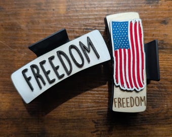 Hand-Painted Freedom Hair Clip: Engraved Wooden Barrette - USA Made