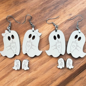 Ghost Coffee Earrings Halloween Tumbler Jewelry Spooky Season Latte Studs or Dangles Fall Coffee Lover Gift Cute Wooden October Barista