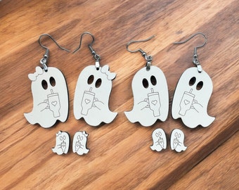 Ghost Coffee Earrings: Spooky Halloween Tumbler Jewelry, Eucalyptus Wood