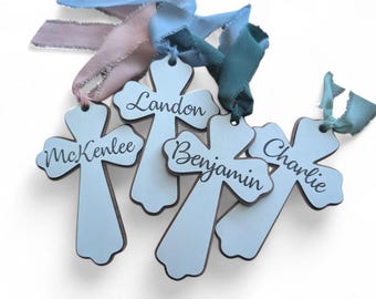 Personalized Cross Easter Basket Tag, Laser Engraved Name, Double Layer Wood, Christian Easter Ornament, Ribbon Tie