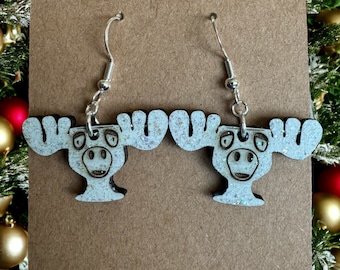 Christmas Vacation Moose Mug Earrings: Sterling Silver, Glitter Finish