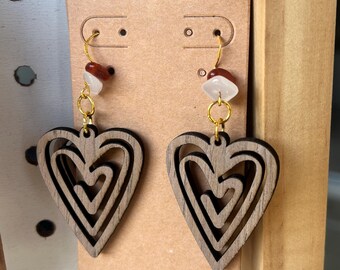 Handmade Walnut Wood Heart Earrings: Gold Hardware, Gemstone Dangle
