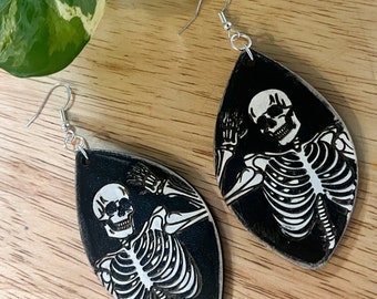 Hand Painted Skeleton Earrings: Halloween Wood Dangles, Gothic Jewelry