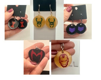 Super Hero Earrings, Hawkeye, Black Widow, Scarlet Witch, Loki