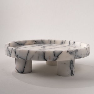 Natural Calacatta Viola Marble 12" (30 cm) wide large Footed Centerpiece Tray, Pedestal Serving Cake Stand, Marble Decorative Display Tray