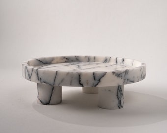 Natural Calacatta Viola Marble 12" (30 cm) wide large Footed Centerpiece Tray, Pedestal Serving Cake Stand, Marble Decorative Display Tray