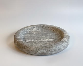 Silver Travertine Mini Tray 7.8", Handmade Decorative Stone Plate for Serving or Display – Minimalist Round Gift for Modern Home Decor