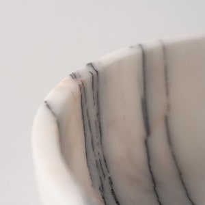 May include: Close-up of a white marble bowl with black veining. The bowl is smooth and polished, with a slightly curved edge.