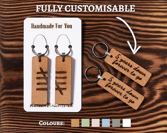 Personalized Wooden Keychains - 5th Anniversary Tally Mark Design | Wood Anniversary, 5 Years Together Keepsake