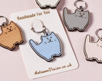 Handmade Wooden Cat Keyring: Funny Cat Lover Gift
