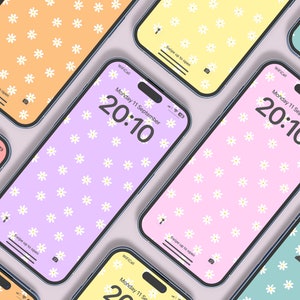 16 枚のフローラル デイジーの携帯電話の壁紙のセット、デイジーの背景、カラフルでかわいいガーリーなデジタル背景、iPhone または Android 用の花柄の背景