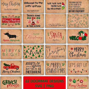 May include: Collection of 22 rectangular doormats with various Christmas-themed designs. The mats feature festive text like "Merry Christmas," humorous phrases, and holiday graphics. The doormats are made of a natural-looking material.