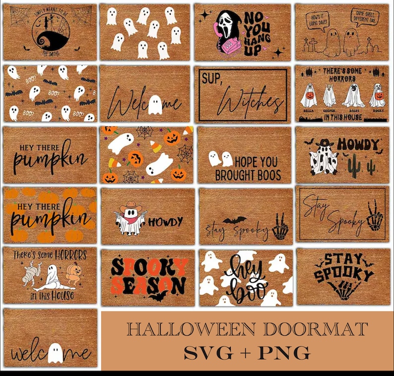 Pu&ograve; includere: Collezione di zerbini a tema Halloween con vari disegni e testo. I disegni includono fantasmi, zucche, pipistrelli e frasi come "Benvenuto", "Hey There Pumpkin" e "Stay Spooky". I tappeti sono marroni con grafica in bianco e nero.