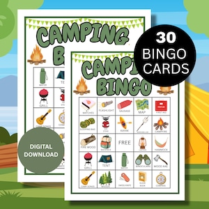 Jeu de bingo en camping – PDF imprimable | Activité de camp amusante pour les enfants et les familles | Bingo sur le thème de l'extérieur avec images de camping et jeux de camping pour enfants
