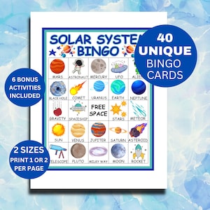 Bingo del Sistema Solar, Juegos de Fiesta Espaciales, Bingo Espacial, Juegos de Cumpleaños Espaciales, Bingo Espacial Imprimible, Bingo Espacial Imprimible