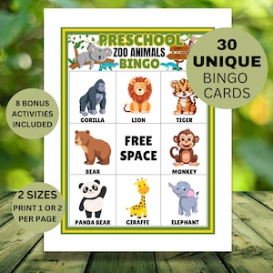 Zootiere Bingo Spiel für Vorschulkinder - Druckbare Bingokarten mit 9 Feldern – Tiererkennungsspiel für Kleinkinder, Vorschulkinder und Kindergarten– PDF herunterladen