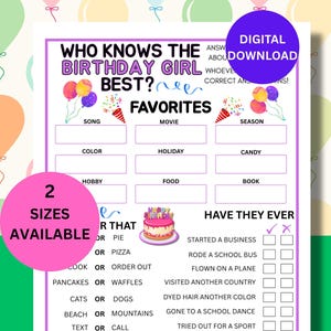 Birthday Girl Trivia Game: Printable Party Activity (Digital Download)
