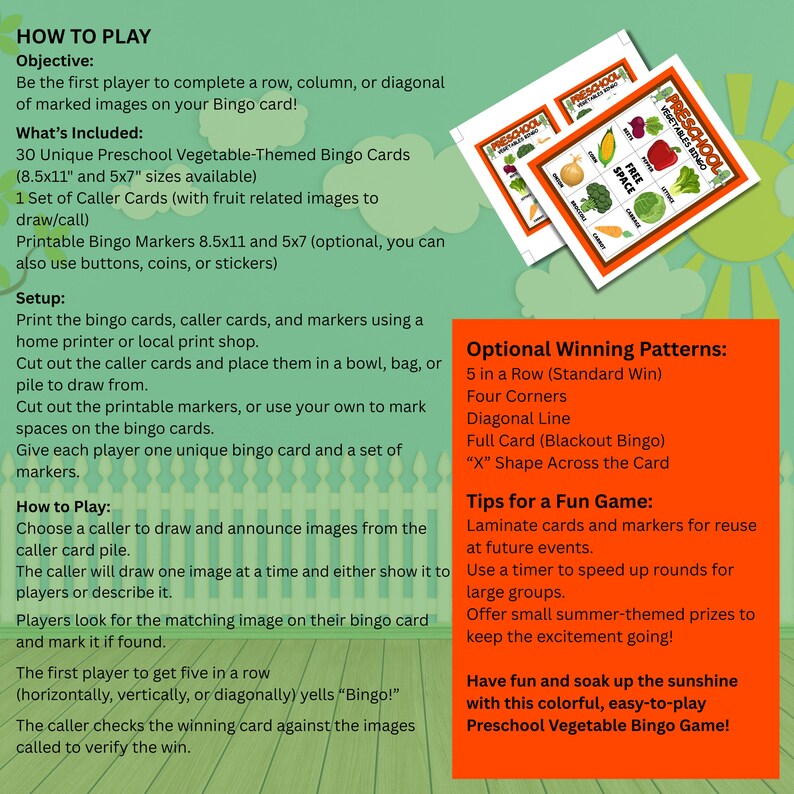 Preschool Vegetables Bingo Game, 9-space Bingo Cards, Printable ...