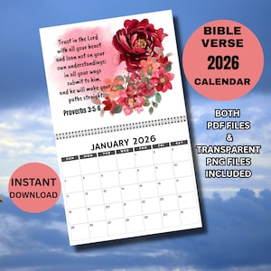 2026 Calendar, Printable PNG PDF Bible Verse, Monthly Calendar, 2026 Monthly Calendar, Calendar 2026, Wall Printable Calendar, Sunday Start