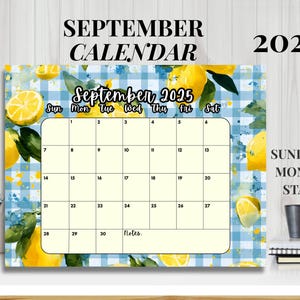 Lemon September 2025 Calendar Printable: Gingham Design (Digital Download